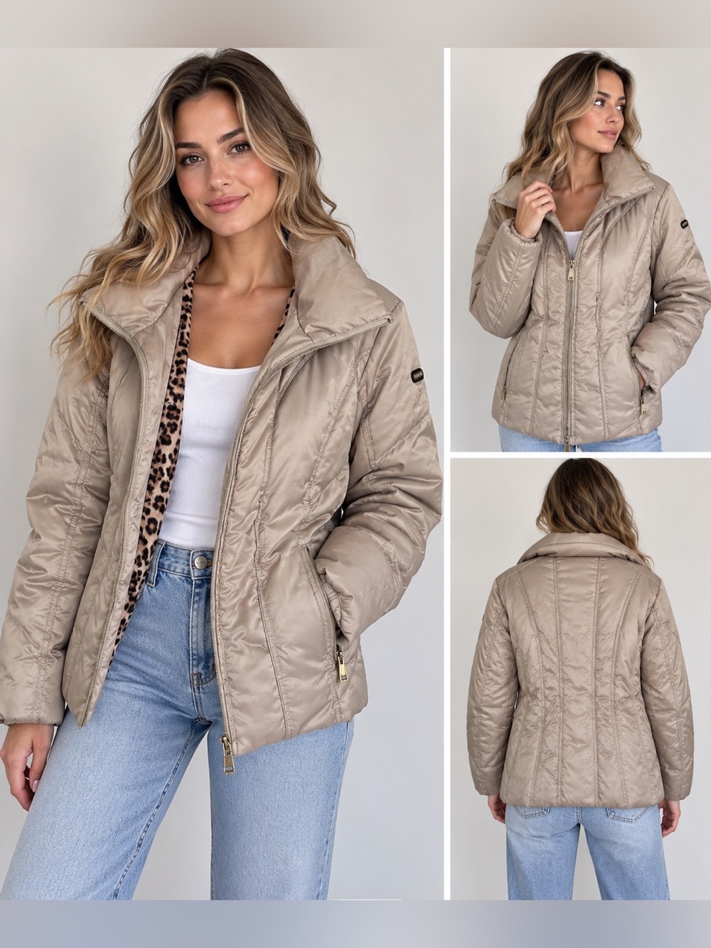 Calvin Klein Women’s Puffer Jacket Leopard Lining Beige Large NWOT